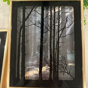 Art work tree shadow  gold frame (2) set glass EUC